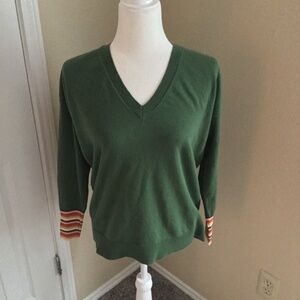 Boden Cassandra Green V-Neck Wool Blend Sweater Rainbow Stripe